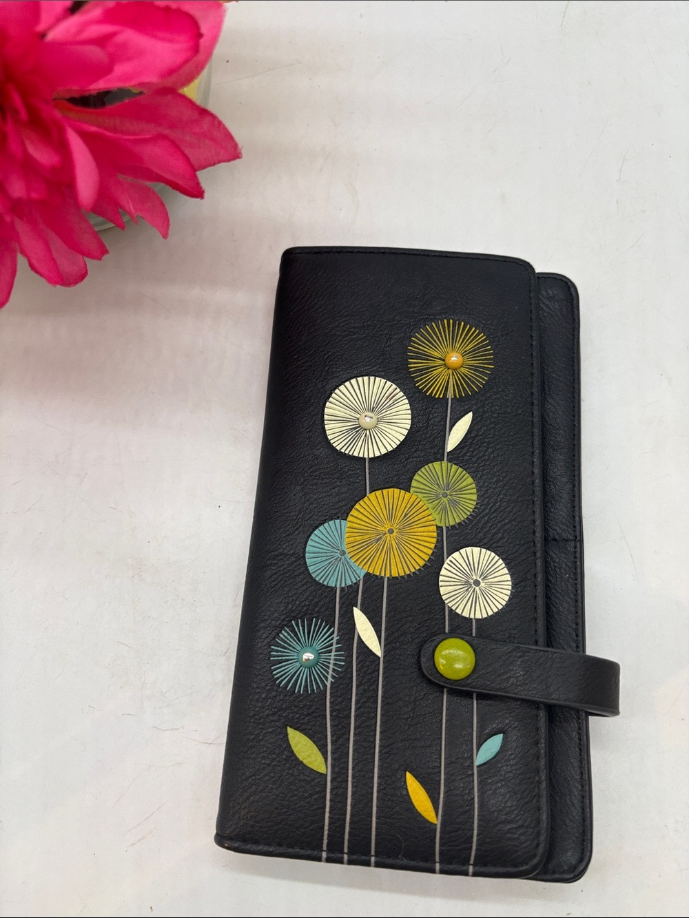 Espe Black Floral Graphic Long Wallet with Button Snap